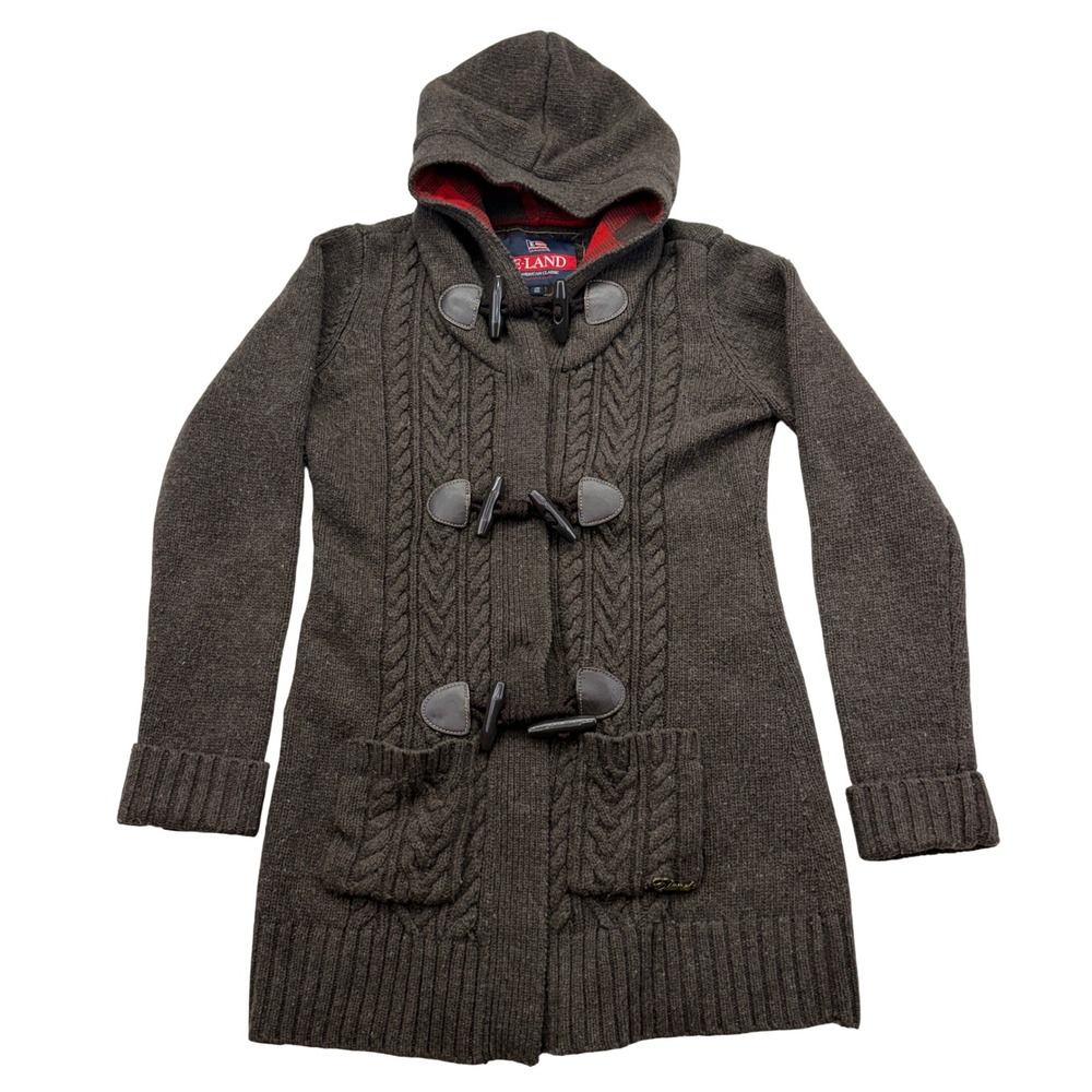 E-Land Duffle Cable Knit Toggle Cardigan Hooded Wool Blend Sweater Medium